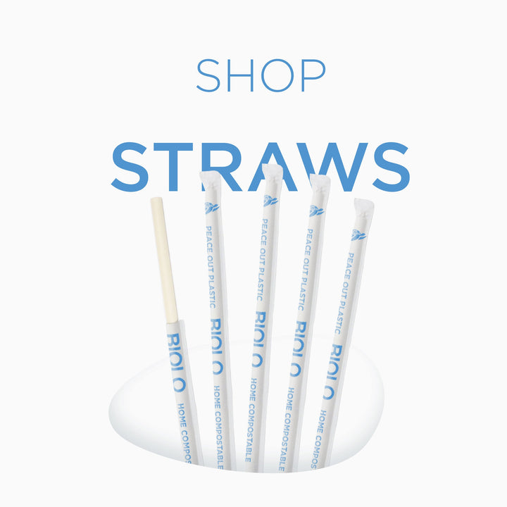 Biolo biodegradable straws appearing out of a hole in the page. There are 5 straws in the image. Above the Straws, words read "SHOP STRAWS". Clicking on this image will take you to a page with all of Biolo's current straw offerings.